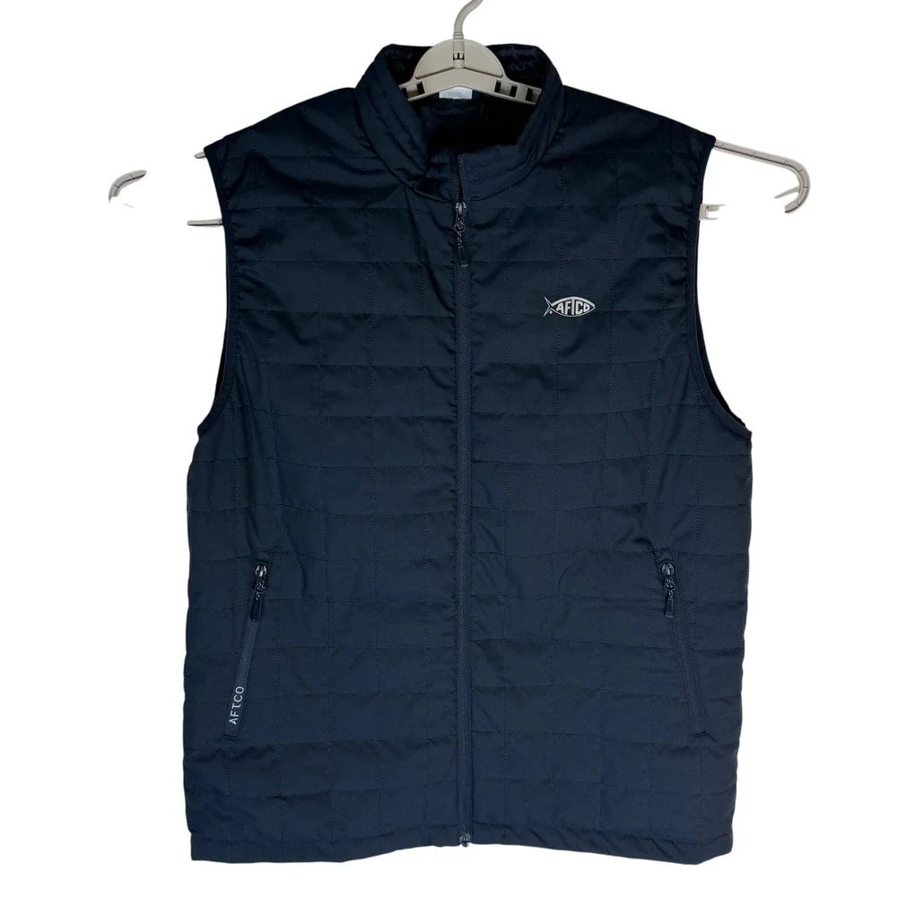 AFTCO Mens Quilted Fishing Vest Navy Blue Full Zip Mock Neck Size Large EUC